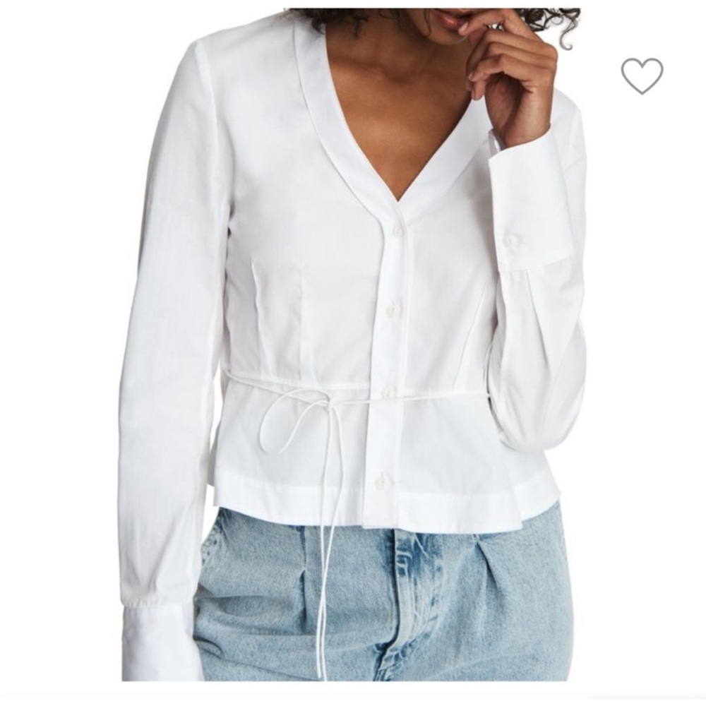 Rag & Bone Blouse S White Button Front V-Neck Long Sleeve Tie Waist